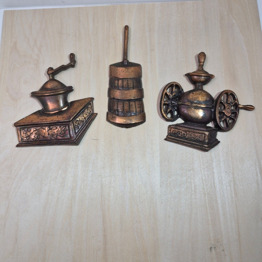 Vintage Copper Tone‎ Wall Decor Set Coffee Grinder Butter Churn Farmhouse